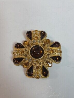 sphinx maltese brooch pendant amber stone cross gold tone large chunky dimension